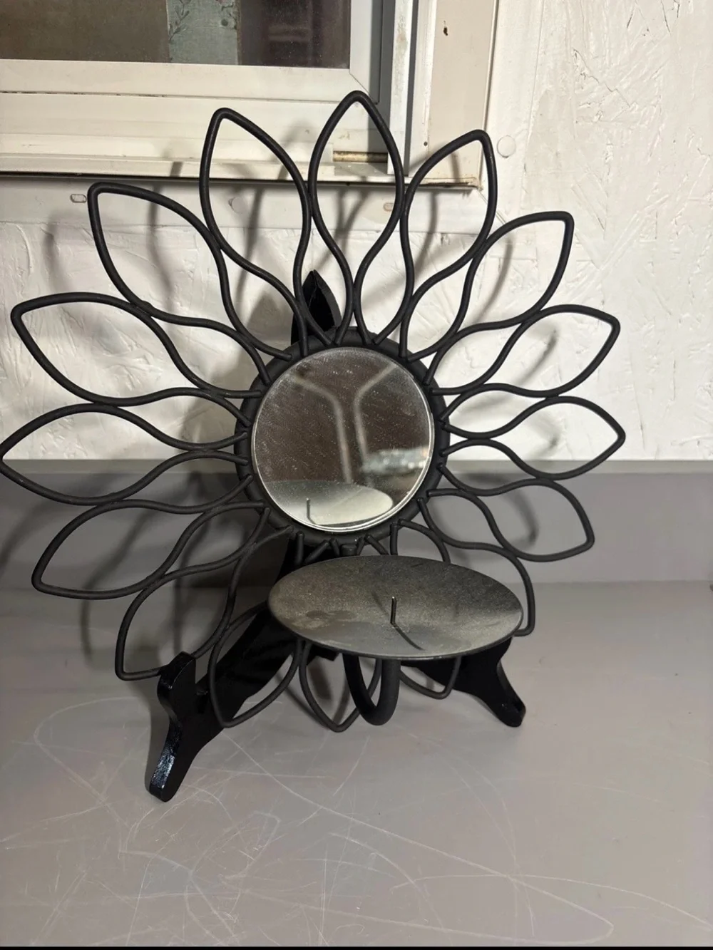 Black Sunflower Wire Wall Mirror with Candle Holder